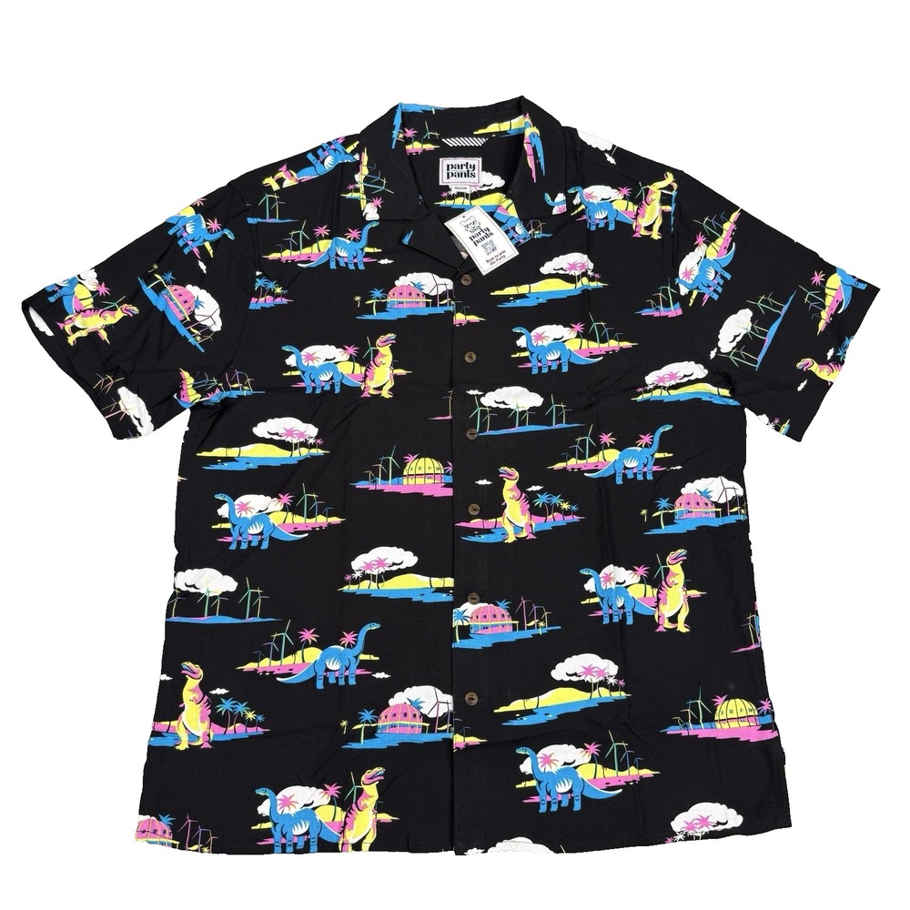 Party Pants Coachella Shirt Mens Medium Black Neon‎ Dinosaur Print Button Up NWT